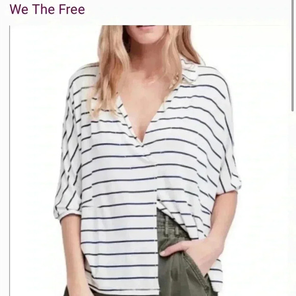 We The Free Tops - We The Free Navy & White Stripe Crop Collared Top in Size Medium